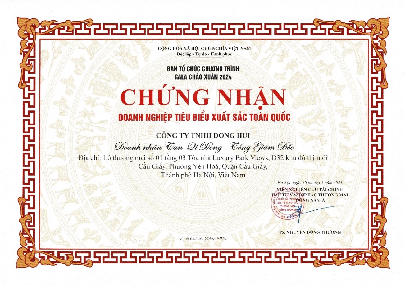CHỨNG NHẬN DOANH NGHIỆP TIÊU BIỂU SUẤT SẮC TOÀN QUỐC NĂM 2023